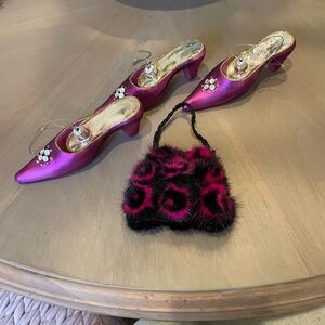 Pink Heeled Mules with Black and Pink Furry Bag Ornaments